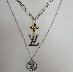 Stainless Steel Silver Tiered Necklace, Louis Vuitton Stamped Zip Pulls